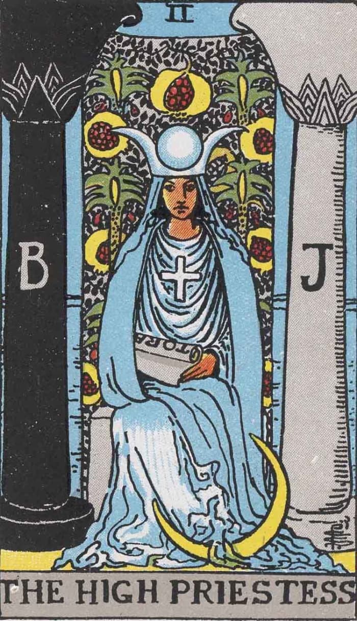The High Priestess card can appear different among decks. Her card generally has allusions to the moon, the colors blue and white, a diadem, a scroll, and images of pomegranates.