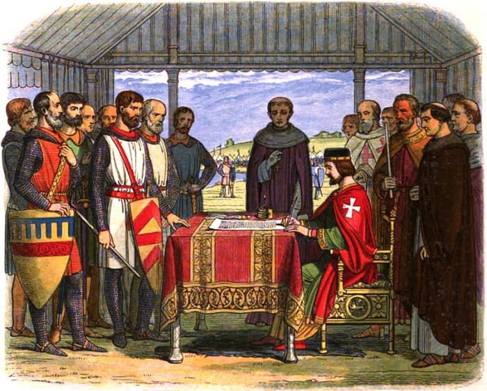An idealized depiction of King John placing his royal seal on the Magna Carta on the 15th of June 1215 at Runnymede