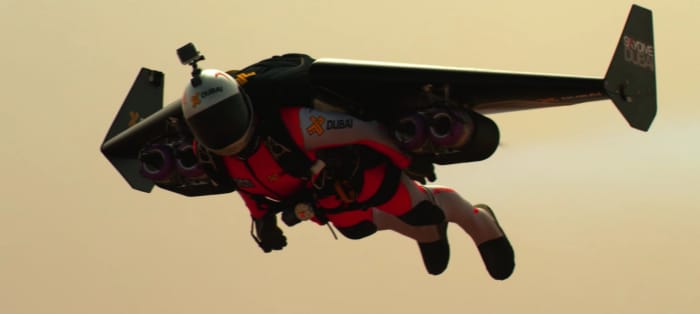 Yves Rossy, jumping out of a Plane and flying around the Skies of Dubai with Jetpacks that look like small miniature Jet Planes. Now that's Inspirational!