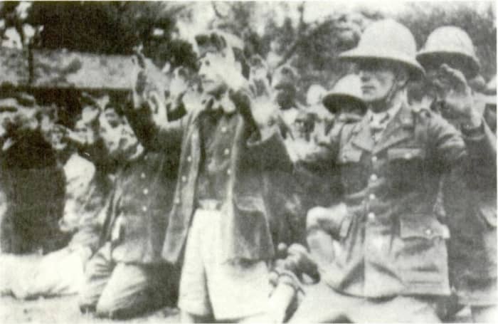 French soldiers captured by the Japanese after their 1945 coup: although the French generally fought bravely, incompetent top leadership, outdated equipment, surprise, insufficient numbers, and poor supplies meant they were quickly destroyed.