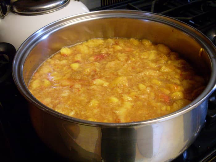 Place peaches and sugar (to taste) in a pot, and simmer until thick, stirring frequently. If you are adding pectin, do it early, also lemon juice and spices.
