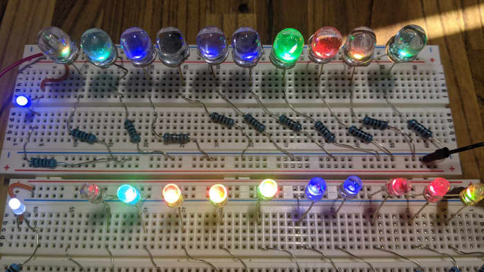 A series of 20 cycling LEDs. These cycle through many different colours. These are available in a fast cycle or a slow-dissolve cycle.