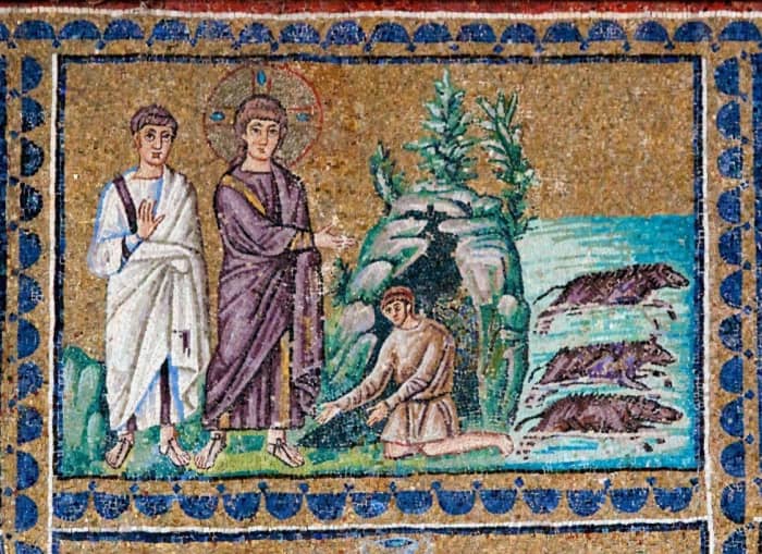 Mosaic of the exorcism of the Gerasene demoniac from the Basilica of Sant'Apollinare Nuovo in Ravenna, dating to the sixth century AD