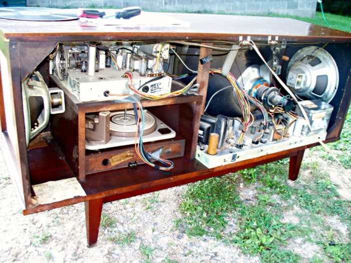 A look inside the well designed 1960 Curtis Mathes Console, this is a three in one, television, AM - FM radio, and turntable, all high fidelity.