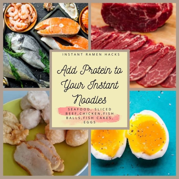 How to make instant noodles better?Add protein for healthier instant noodles or ramen with eggs, prawns, fish ball, fish cakes, sliced beef or chicken
