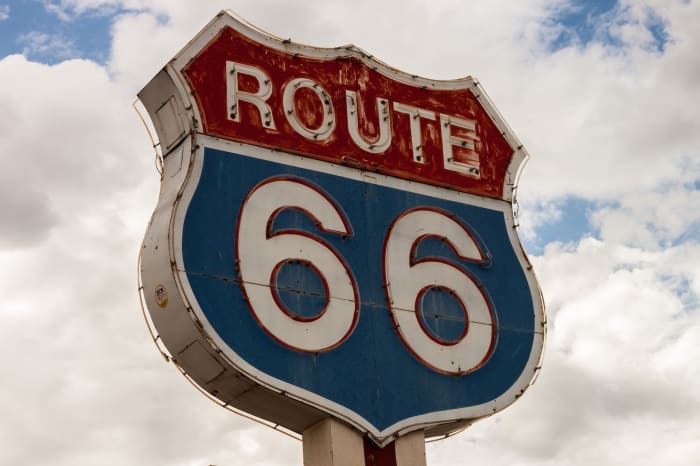 One of the original highways in the US, Route 66 originally ran 2,448 miles from Chicago through Missouri, Kansas, Oklahoma, Texas, New Mexico, and Arizona, with an end point in Santa Monica, California.