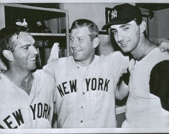 June 29 - A rare moment. Richardson, Mantle & Pepitone celebrate a win at Fenway Park. Mantle and Pep hit HRs while Richardson went 5 for 5.