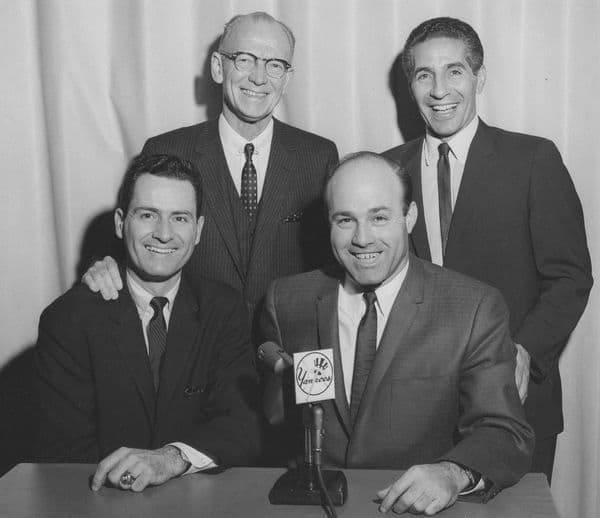 In the booth: Front Row L-R: Jerry Coleman and Joe Garagiola. Back row L-R: Red Barber and Phil Rizzuto.