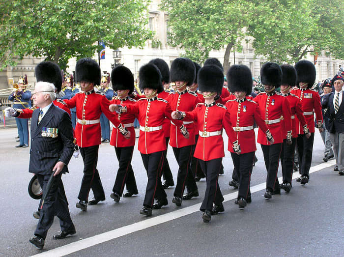 irish Guards marching to Cenotaph (Whitehall) in 2005 for a ceremony remembering Irish soldiers (public domain).