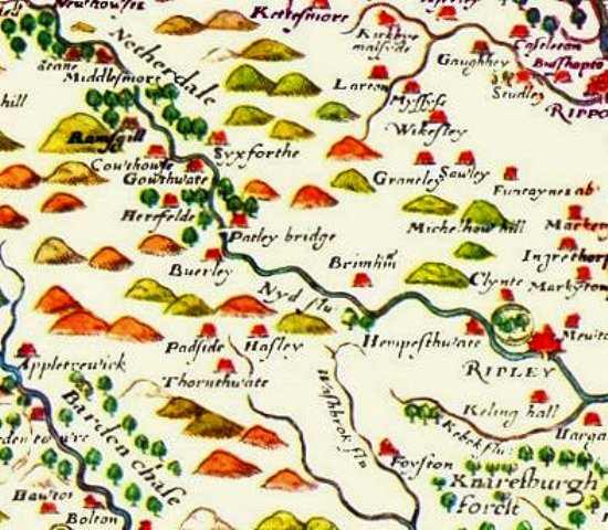 Late Tudor Saxton 1577 map of Nidderdale marked as 'Netherdale', with Pateley Bridge at the centre as the point where the Nidd changes character from fast-flowing upland watercourse to something more sedate