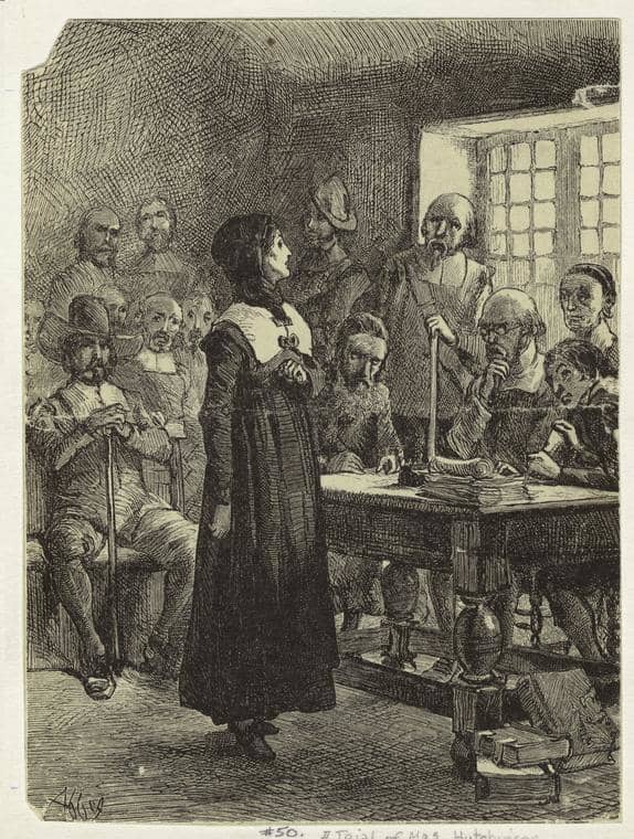 A depiction of Anne Hutchinson at trial in Massachusetts Bay by artist Edwin Abbey Austin, circa. 1876-1881