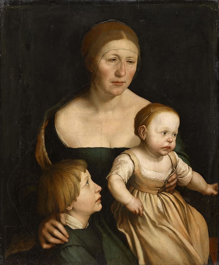 The Artist's Family (1528) by Hans Holbein. His wife Elsbeth, son Phillip and daughter Katherina are shown.