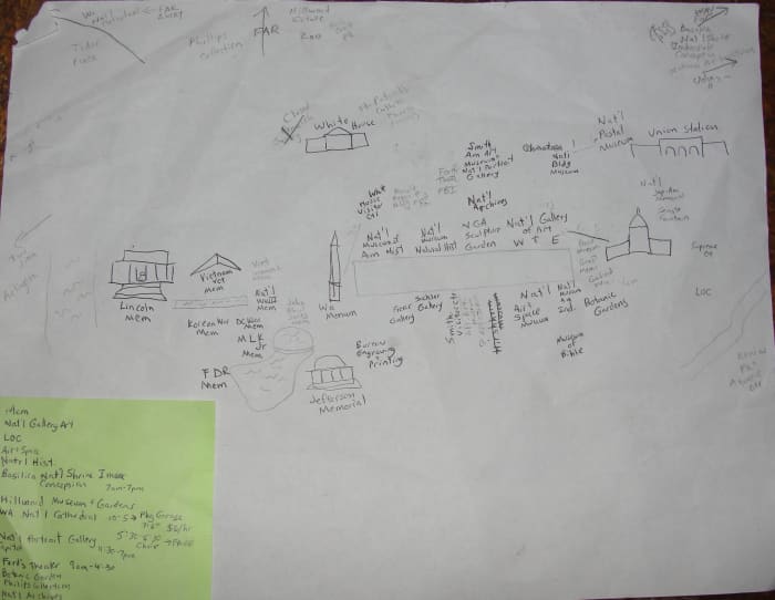 My hand-drawn map helped me get my bearings on where places were located. I included the top-rated places from TripAdvisor on the green sticky note.