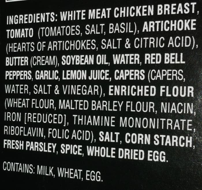 The list of ingredients lists the main items in bold font. Any ingredients which contain "other" ingredients, (such as the flour and capers), have the other ingredients listed in parentheses.