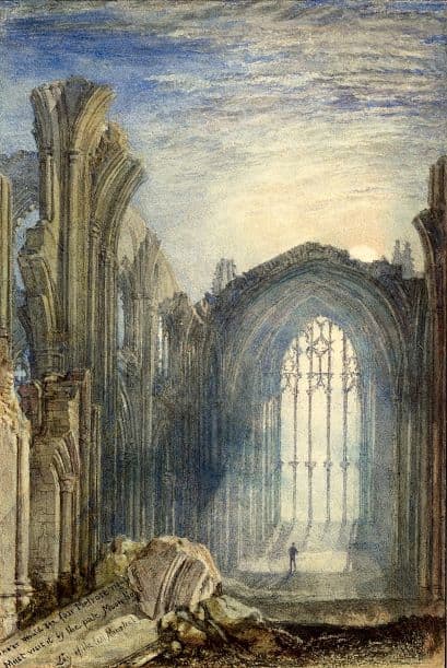 David I founded Melrose Abbey. The painting of the ruined abbey was produced by J.M.W.Turner (1775-1851) in 1822.