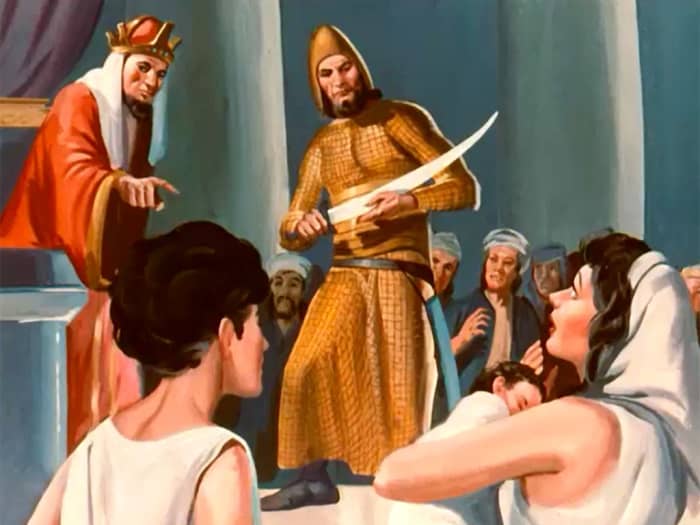 Solomon suggested the baby cut in half so the ladies could share, knowing the real mother would be revealed.