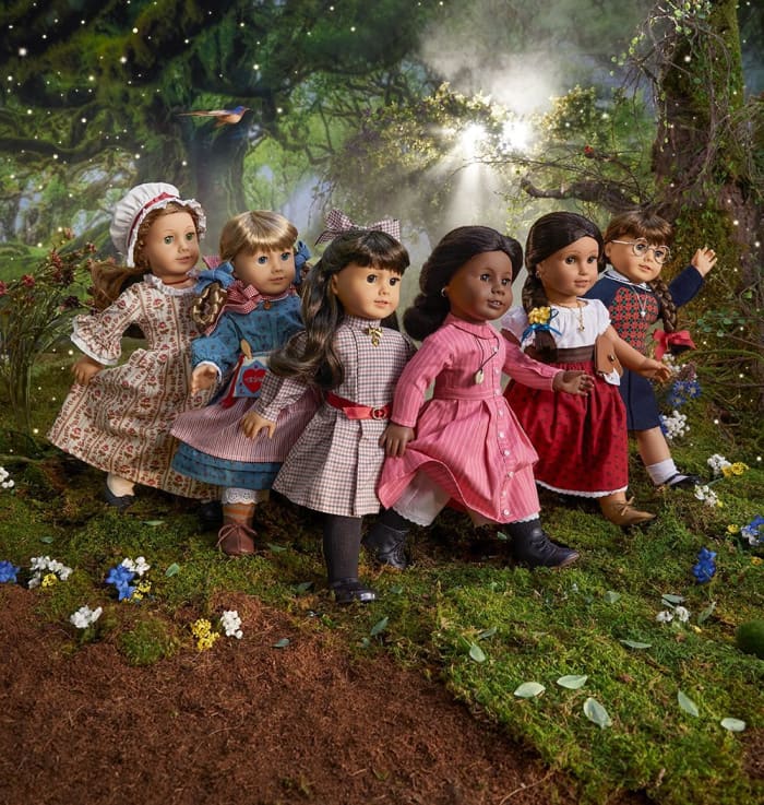 A promotional photo of the 35th Anniversary Collection showing the first 6 AG dolls in their Classic Meet Outfits