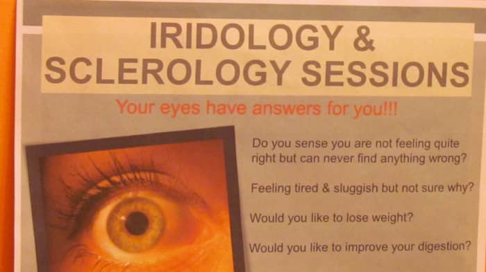 The flyer and poster displayed in Wendy Fulford's office which reveals what is included in iridology and sclerology sessions.