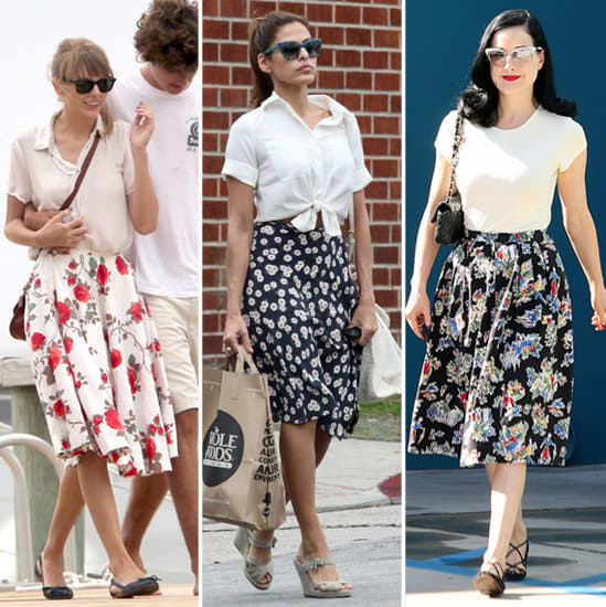 Taylor Swift sweet floral skirt and cute ballerinas. Dita Von Teese looking great on a floral skirt and flat shoes.