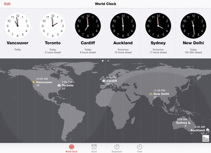 The user can choose the countries that appear in the world clock app. Here the app is integrated with the Weather Channel, which shows the weather in each country.