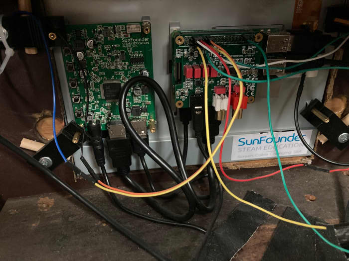 The guts of the system: the back of the touch screen. On the right is the Raspberry Pi with the DAC hat attached. That's the whole jukebox in a nutshell.