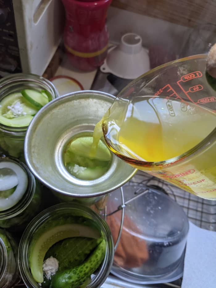 dip out brine with measuring cup and pour one by one into jar, stopping at bottom edge of funnel. These jars were overfilled, so the brine was extra.