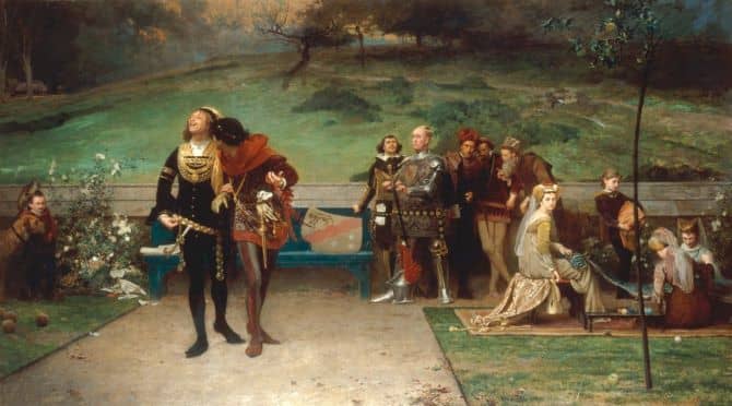 Marcus Stone's 19th century imagining of Edward II and Piers Gaveston watched by troubled barons and courtiers.
