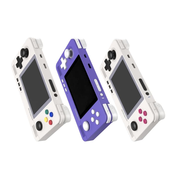 From the left, the "8 Bit", "Indigo" and "Retro" color options for the Retroid Pocket 2. There are up to 16 different colors.