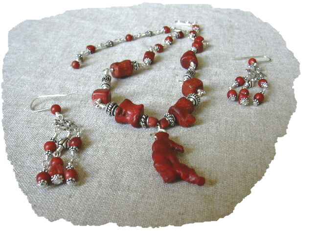 Wire wrapped dyed red sponge coral necklace and earring set