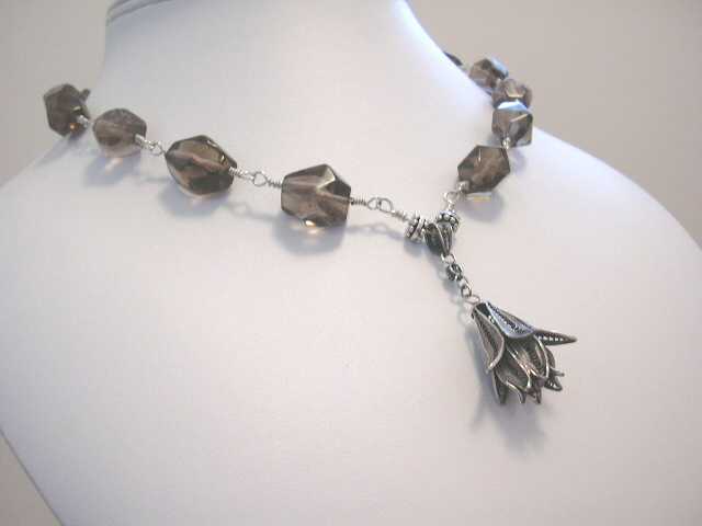 Dangling Bali silver orchid flower wire wrapped necklace with faceted smoky quartz nuggets (heat-treated)