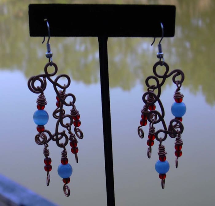 Handcrafted artisan copper and Czech glass chandelier earrings.