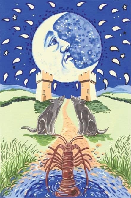 The Moon card is related to the astrological sign Cancer. The 4th sign of the zodiac is known for mood-shifts, flirtatious charisma, nurturing ways, and creativity.