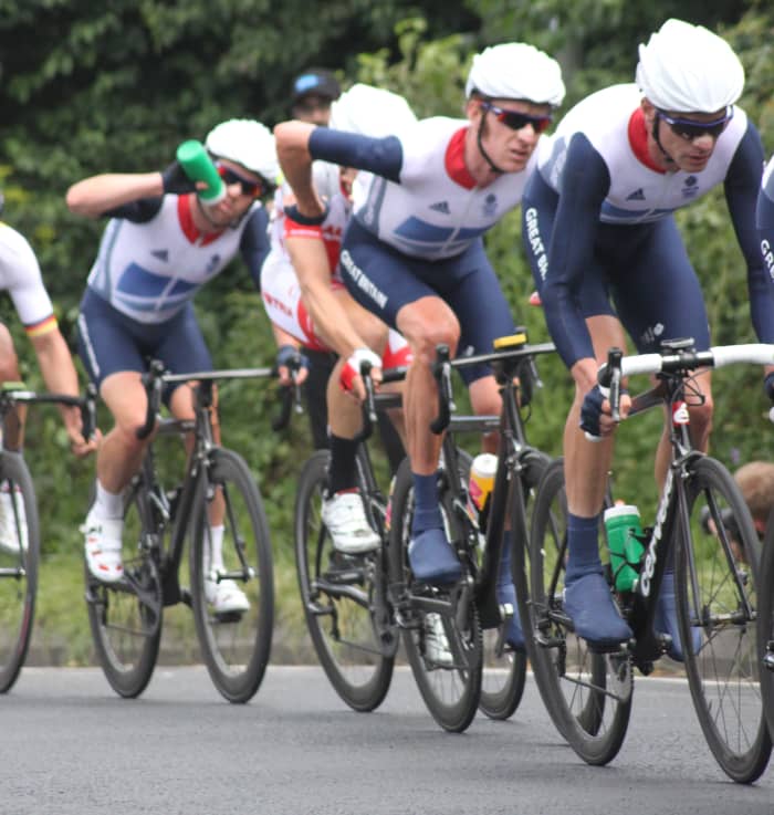 Mark Cavendish in his usual position at the end of his sprint train. Pictured at the London 2012 Olympic Road Race