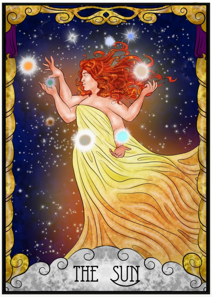 The Sun is one of the most positive cards in tarot. It's about feeling accomplished and balanced. The Sun card shows a mastery of the elements. It means you have lowered your ego to heighten your wisdom.