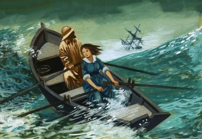 Grace Darling in one of many Victorian paintings, rowing with her father to rescue passengers and crew of the 'Forfarshire' in 1838. She died at the age of 27 from TB in 1842.