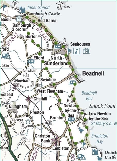Cycle route by Bamburgh to Low Newton-by-the-Sea and back by Beadnell and Seahouses