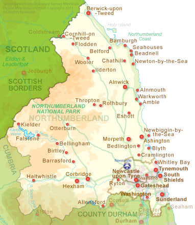 Map of the historic county of Northumberland, once part the Anglian kingdom of Bernicia with County Durham before joining with Deira (Yorkshire) in the 7th Century