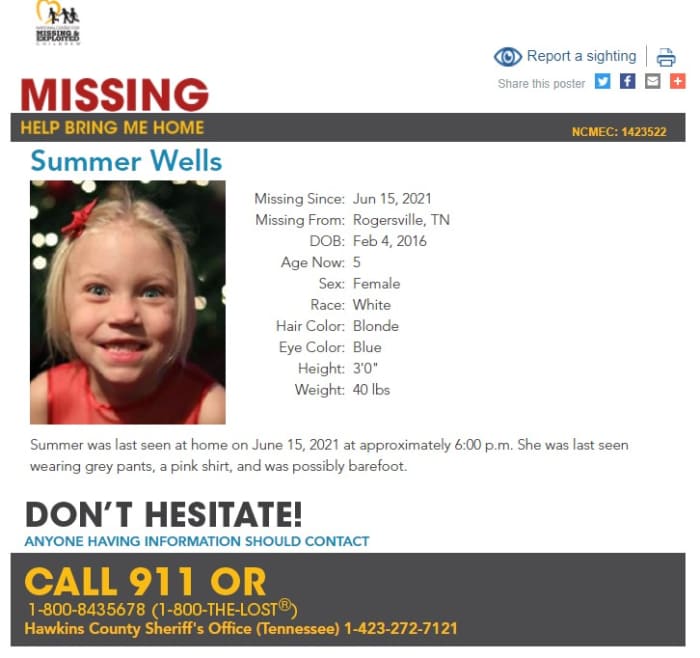Summer Wells is listed as missing with the nonprofit group National Center for Missing & Exploited Children. Photo courtesy of NCMEC.