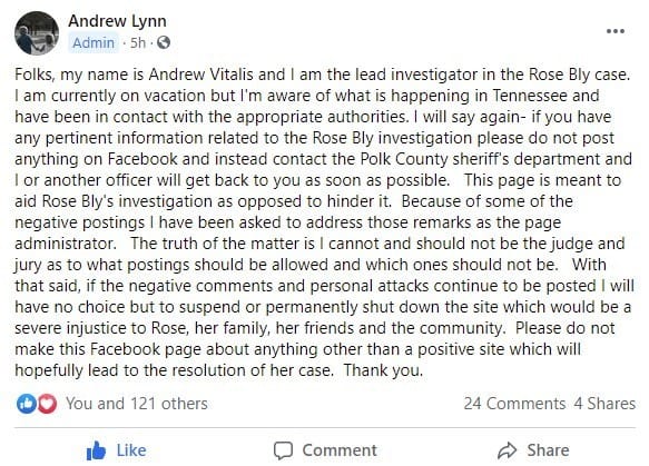 Lead Investigator of Polk County Sheriff posted on Facebook asking people to stop making negative comments. Photo courtesy Facebook.