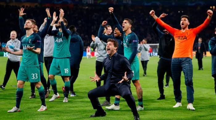 Then Tottenham manager, Mauricio Pochettino, celebrating with his team after qualifying for the UEFA Champions League Final in 2019.
