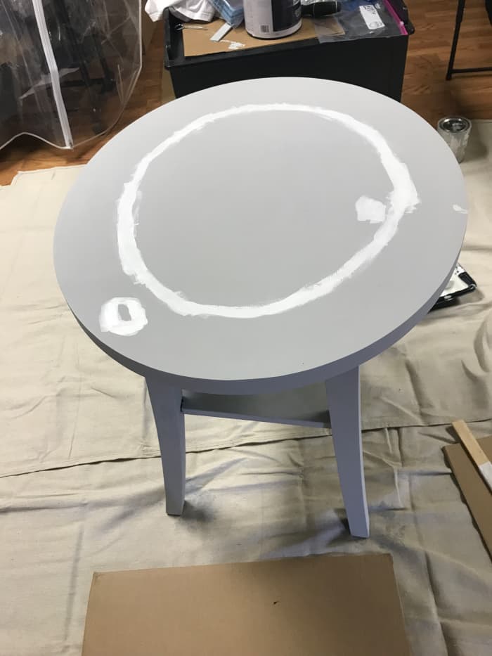 This piece had two stains and inlaid wood that bled-through the chalk paint. This is a table with chalk paint, then the bonding product.