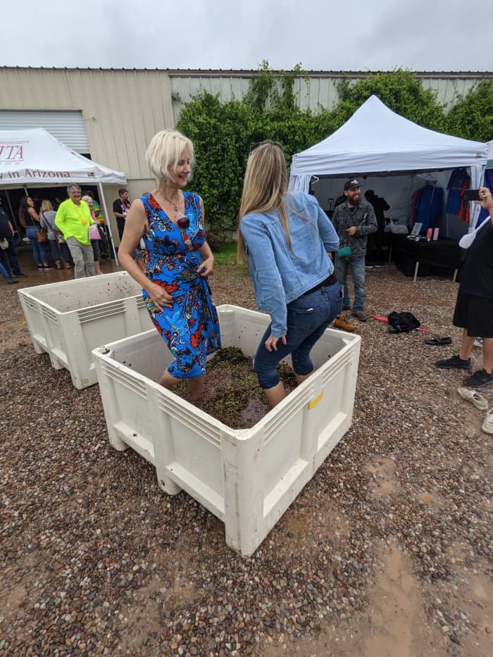 My wife and another visitor stomping grapes at July 2021 Festival