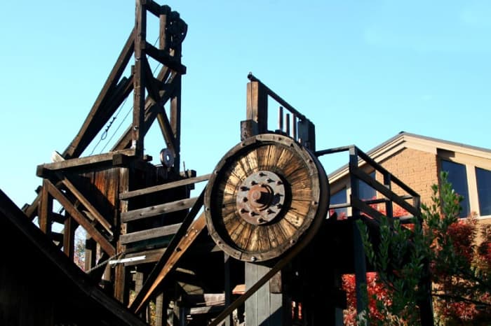 Gold ore-crushing stamp-mill at the history museum. The stamp mill still runs, thanks to museum volunteers.