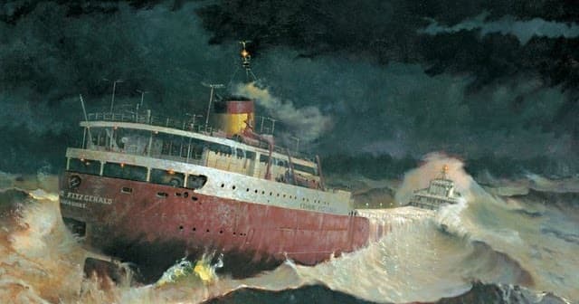 An artist's rendering of the heavy seas that swamped the 'Fitz" that evening