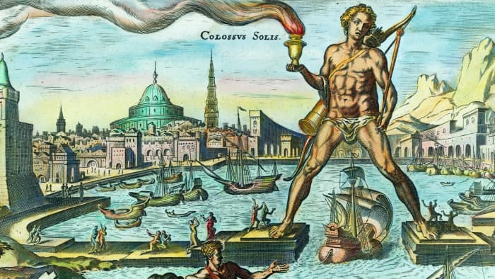 The traditional view of the Colossus of Rhodes--but it is unlikely that he straddled the harbor entrance as seen here