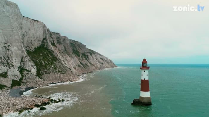 Beachy Head Light, showing scale between lighthouse and cliffs. It is accessible only from the sea
