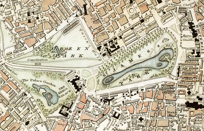 The royal parks and roads around Buckingham Palace circa 1833. (Buckingham Palace is shown as The King's Palace.)