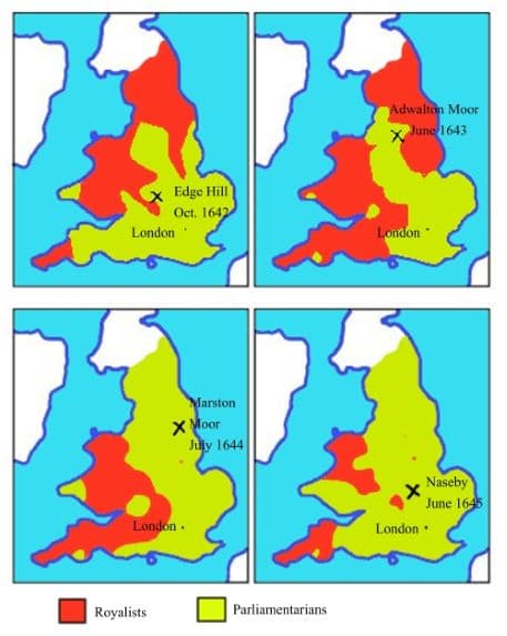 Illustrations showing the Royalist/Parliamentarian areas of England between 1642-1645.