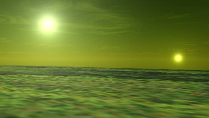 Centauri A and Centauri B with A on the left and B on the right. The planet would be orbiting B. This view shows A at its closet approach of 11.2 AU.