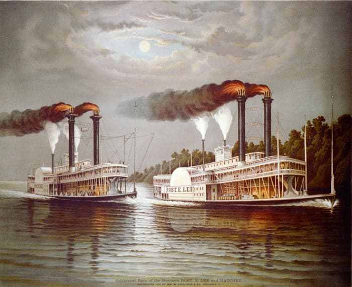 The Natchez (left) and the Robert E. Lee shown racing; artistic license has been taken because they were never that close.